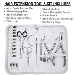 Kit complet d'outils pour extensions de cheveux Microlink Nano Ring & I Tip, comprenant des pinces à sertir pour anneaux en silicone micro, des pinces à ouvrir les anneaux et une aiguille à crochet. - Product Image 2