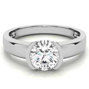 Round Cut Moissanite Half Bezel <b>Ring</b> 925 Sterling <b>Silver</b> White Gold Plated Modern <b>Solitaire</b> Engagement Wedding Promise <b>Ring</b> - Product Image 1