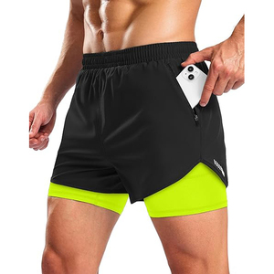 Men's <b>Black</b> Neon Green Color Blocked Breathable Quick Dry 100% Cotton Sport Shorts with Elastic Waist Side Pockets Mid Length - Product Image 4