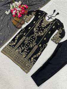 Última Colección de Trajes Salwar en Color Negro, con Bordado Intenso, Lentejuelas, Adorno de Moti, Borde de Encaje, Satén Coreano, Seda, para Bodas - Product Image 6