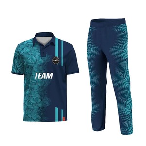 Maillot de cricket 100 % polyester respirant à manches courtes, kit d'équipe imprimé de marque avec balle et batte - Product Image 1