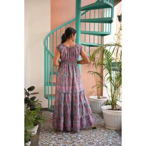 Robe longue d'été pour femme, nouvelle collection, imprimé, 100% coton, col en V profond, manches courtes, tissée, style décontracté, idéale pour les vacances, prix de gros - Product Image 2