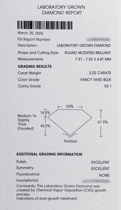 Diamant rond de laboratoire cultivé en Portugal, bleu vif élégant, taille mixte, 2,02 ct, certifié IGI, VS1 Excellent, idéal pour la fabrication de bijoux - Product Image 4