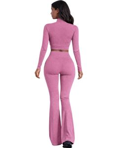Conjunto de yoga de dos piezas rosa personalizado para mujer, top corto con cremallera y pantalones acampanados de cintura alta, ropa elástica para gimnasio, fabricante personalizado OEM - Product Image 3