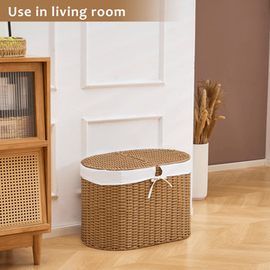 Panier à linge naturel tissé à la main avec couvercle, forme ovale, écologique et élégant - Product Image 5