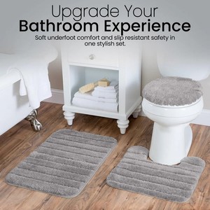 Ensemble de tapis de bain en chenille rayée, 2 pièces, gris, rectangulaires, rembourrés, antidérapants, pour le sol de la salle de bain - Product Image 5