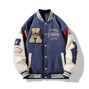 Men's Varsity Jacket Pu Leather Turn-<b>down</b> Collar Embroidered Letter Patch Casual Autumn Wear - Product Image 1