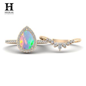 Boho Teardrop Opal Wedding <b>Ring</b> <b>Set</b> Crown Curved Moissanite Enhancer Band 10K 14K <b>Gold</b> October Birthstone Jewelry Wholesale - Product Image 2