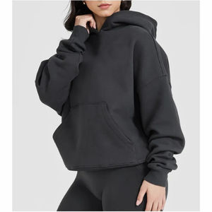 Sudadera con capucha negra cálida de moda para mujer, con hombros caídos, bordada y con estampado personalizado, 100% algodón polar, talla grande, informal, para invierno, al por mayor - Product Image 5