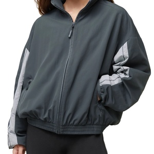 Women's Dark Grey Windbreaker <b>Jacket</b> Oversized <b>Track</b> <b>Jacket</b> Two-Tone Sleeve Sporty Zip Up Bomber Coat Casual Sportswear - Product Image 3