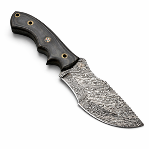 Couteau de chasse artisanal de qualité industrielle, acier Damas, manche G10, lame droite, étui en cuir - Product Image 1