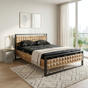 Dice <b>Bed</b> Modern Industrial Solid Wood <b>Platform</b> <b>Bed</b> <b>Frame</b> With 3D Geometric Carved Headboard And Black Metal Bedroom Furniture - Product Image 4
