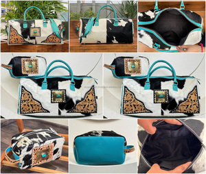 2025 New Design Luxury Tooled Leather Duffle <b>Bag</b> & <b>toiletry</b> <b>Bag</b> Set for <b>Women</b> High Quality Genuine Cowhide Leather 2 piece Set - Product Image 3