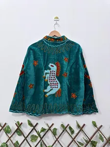 Ethnic Turquoise <b>Velvet</b> Embroidered Suzani <b>Jacket</b> with Animal Print Full Sleeve Stand Collar Handmade Bohemian Autumn Coat - Product Image 5