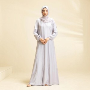 Women Light Gray High Neck Long Sleeve Floor Length <b>Abaya</b> Modest Solid Polyester Dress Daily Wear Middle East Style - Product Image 2