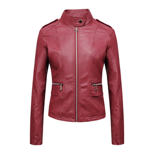 Chaqueta de Motociclista de Cuero Sintético PU Beige para Mujer, Cuello Alto, Manga Larga, Cierre de Cremallera, Color Sólido, Estilo Biker, Ropa de Otoño - Product Image 3