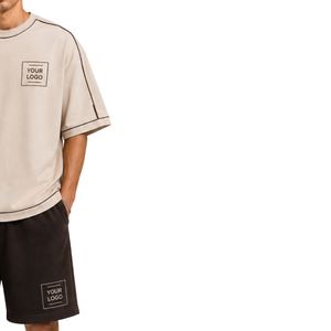 Beige And Dark Brown Mens Oversized <b>T</b> <b>Shirt</b> And Shorts Set Customized Logo Contrast Stitching Casual Streetwear Two Piece Set - Product Image 4