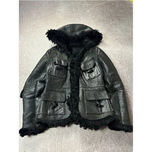 Custom Men's Winter Genuine Leather Shearling Jacket Hooded Sheepskin Coat with Horn <b>Toggle</b> Buttons - Product Image 2