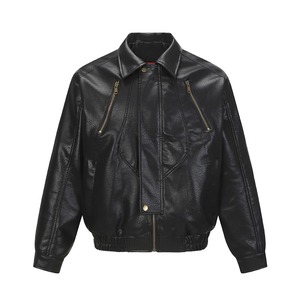 Customizable Solid Color Pocket Fashion Turn Down Windproof <b>Warm</b> Zipper Motorcycle <b>Men's</b> Leather <b>Jacket</b> - Product Image 2
