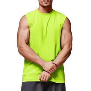 Camiseta sin mangas para hombre, verde neón, cuello redondo, transpirable, de secado rápido, informal, para gimnasio, entrenamiento, color sólido, tejido de poliéster, estilo muscular - Product Image 3