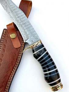 Custom Handmade Damascus Steel Outdoor <b>Knife</b> Segmented Striped Handle <b>Carved</b> Brass Guard Leather Sheath - Product Image 3