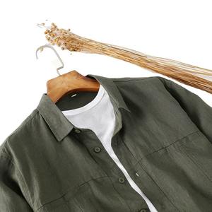 Chemises 100 % lin gris, neuves, personnalisées, unies pour garçons et hommes, chemises décontractées vert foncé à manches longues, motif uni - Product Image 5