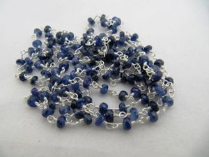 3- Feet Dyed Blue Sapphire Rondelle Faceted Size 3-4mm Dyed Beaded Wire Wrapped <b>Rosary</b> Chain - Product Image 2