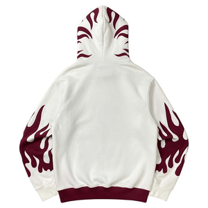 Custom Oversized <b>Men's</b> Hooded Sweatshirt White <b>Burgundy</b> Flame Print Regular Sleeve French Terry Autumn Streetwear Style - Product Image 2