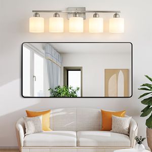 Modern 5-<b>Light</b> Bathroom Vanity <b>Light</b> Fixture Brushed Nickel with Milky White Frosted Glass Shade Wall <b>Sconces</b> - Product Image 3