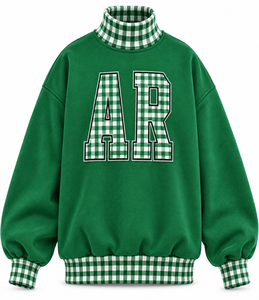 OEM Custom Women’s Autumn Mock Neck Pullover Gingham <b>Letter</b> Patch <b>Applique</b> Oversized Sweatshirt - Product Image 1