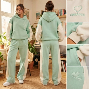 Conjunto Deportivo Informal para Mujer, Sudadera con Capucha Extra Grande de Felpa Verde Menta y Blanca de Secado Rápido, Pantalones Deportivos Anchos - Product Image 5