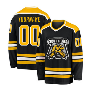 Custom Logo <b>Men's</b> <b>Black</b> Yellow Ice Hockey Jersey V-Neck Full Sleeve Sublimated Print Breathable Polyester Mesh Apparel - Product Image 2