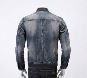 Men's Denim Bomber Jacket Turn-down Collar <b>Zipper</b> Closure Casual Slim Fit Washed Blue Jean <b>Coat</b> Autumn Wear Regular Sleeve - Product Image 2