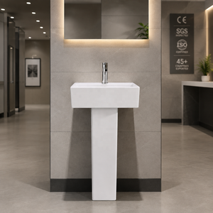 Lavabo sur pied rectangulaire pour salle de bain avec robinet à levier monotrou, drain NSF, design minimaliste, en céramique blanche polie, à poser au sol - Product Image 2