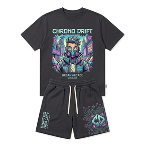 Vente en gros de ensembles courts pour hommes en couleur unie, 2 pièces, ensemble t-shirt et short d'été pour hommes, impression DTG personnalisée, t-shirt et short unisexe - Product Image 1