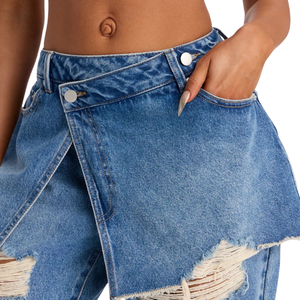 Pantalones Vaqueros de Mezclilla Lavada para Mujer, Cintura Media, Pierna Ancha, Detalles Desgastados y Rotos, Estilo Casual Urbano, Ajuste Holgado, Azul, Otoño, 100% Mezclilla - Product Image 3