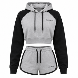 Plus Size Women's Vintage Summer Casual Solid 100% Cotton Eco-Friendly NAVISTA SPORTS Fleece Midi Two-Piece Crop <b>Top</b> Hoodie Set - Product Image 4
