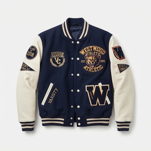 Chaqueta Varsity de Materiales Mixtos, Chaqueta Bomber Informal, Combinación Original de Tela de Lana, Poliéster/Algodón, Cuello Redondo, Botones a Presión, Letras - Product Image 1