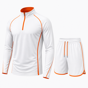 Conjunto de Pantalones Cortos y Sudadera con Cierre de Cremallera de un Cuarto, Color Blanco con Ribete Rojo, para Hombre, Tejido de Punto, Deportivo, Ecológico, de Poliéster, Secado Rápido, para Primavera - Product Image 4