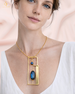 Labradorite Natural Gemstone Necklace & Earrings & Ring Set Gold Plated Brass Jewelry Geometric Design Unisex SOUMYA CREATIONS - Product Image 2
