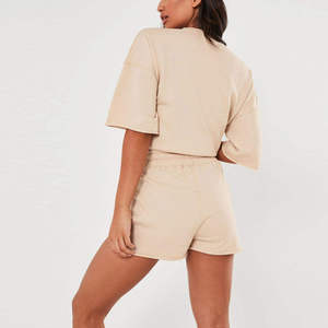 Conjunto de Shorts de 2 Piezas para Mujer, Color Beige, Cuello Redondo, Manga Corta, Corte Regular, Casual, Primavera Verano, Transpirable, Tejido de Poliéster Estampado - Product Image 6