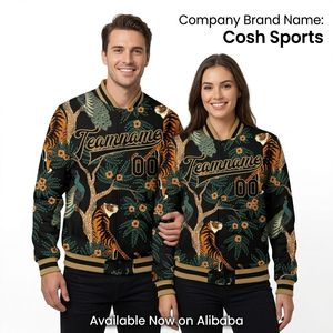 Chaqueta Varsity Personalizada para Hombre/Mujer, Estampado Completo, Estilo Urbano, Patrón de Tigre y Pavo Real, Chaqueta Bomber con Nombre y Número de Equipo Personalizados - Product Image 1