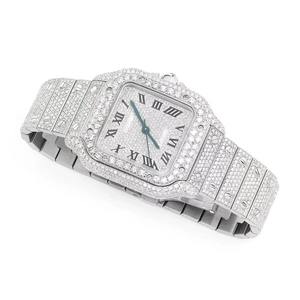 นาฬิกาควอตซ์สแตนเลสสตีลทรงเหลี่ยมแบบฮิปฮอป ประดับเพชร พร้อมหน้าปัดกระจก ดีไซน์หรูหรา สำหรับขายส่ง - Product Image 5