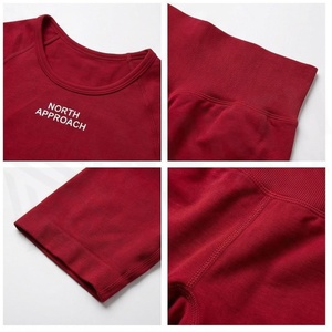 North Approach 2 Piece Yoga Set Solid <b>Red</b> <b>Crop</b> <b>Top</b> High Waist Shorts Breathable Spandex Polyester Seamless Design - Product Image 4