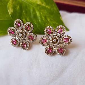 Gold Plated AD Big Floral Stud Earrings with Pearl and Diamond Accents - Product Image 1