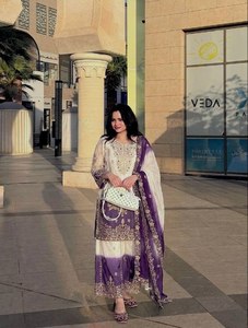Stunning <b>White</b> And Purple Sequence Work Georgette Kurti <b>Palazzo</b> Set With Cutwork Sleeves Ethnic Party Wear Suit For Women - Product Image 5