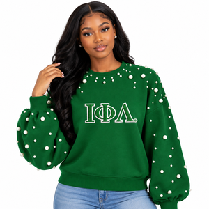 Sweat-shirt décontracté en molleton de coton pour femme Iota Phi Lambda, orné de perles, col rond, avec lettres grecques brodées, pour sororité - Product Image 1