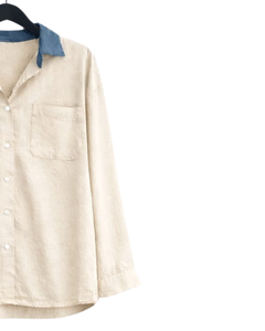 Conjunto de dos piezas para mujer, camisa beige y pantalones anchos azules, conjunto informal de algodón y lino para verano, fabricante de ropa OEM personalizada - Product Image 4