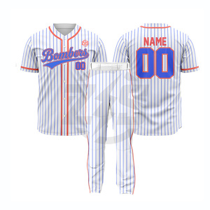 Ensemble uniforme de baseball Zersia International Bombers, blanc, bleu, rouge, à rayures fines, pour homme adulte, en polyester respirant, par sublimation - Product Image 1