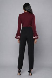 Pull élégant en maille à col montant et taille naturelle, manches à volants et rayures contrastées, idéal pour le bureau, tenue professionnelle et sexy - Product Image 2